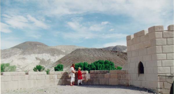 Shown here are Titus and Severius viewing the desert floor of Death Valley from the tower wall of Scotty's Castle before our recon march through Titus Canyon.
